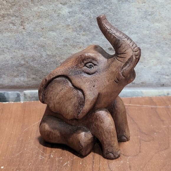 Small Wood Carved Elephant Raised Trunk Statue - Picture 7 of 10